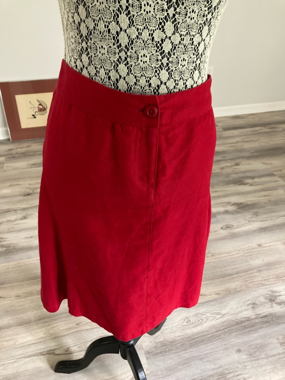Hillard & Hanson Vibrant Red Midi A-Line 100% Linen Skirt